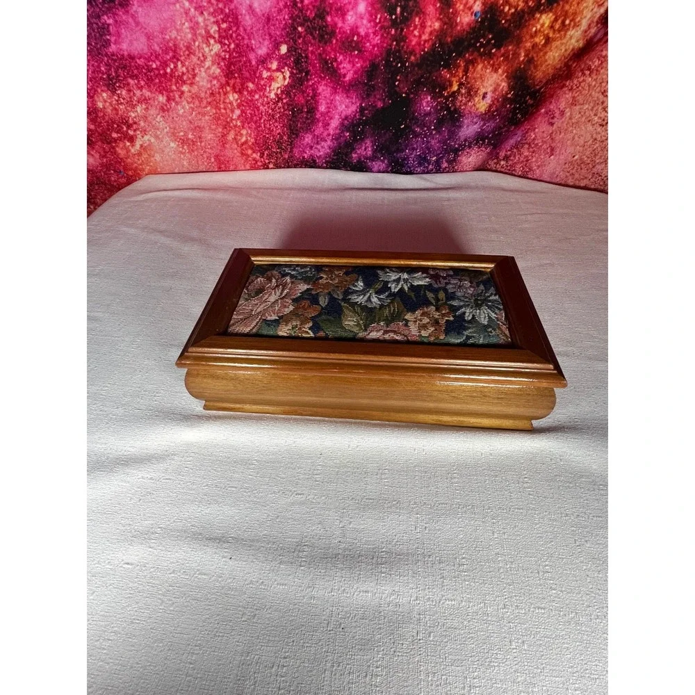 Vintage 1970s Floral Tapestry Jewelry Box Wood Mirrored Vanity Keepsake Box
